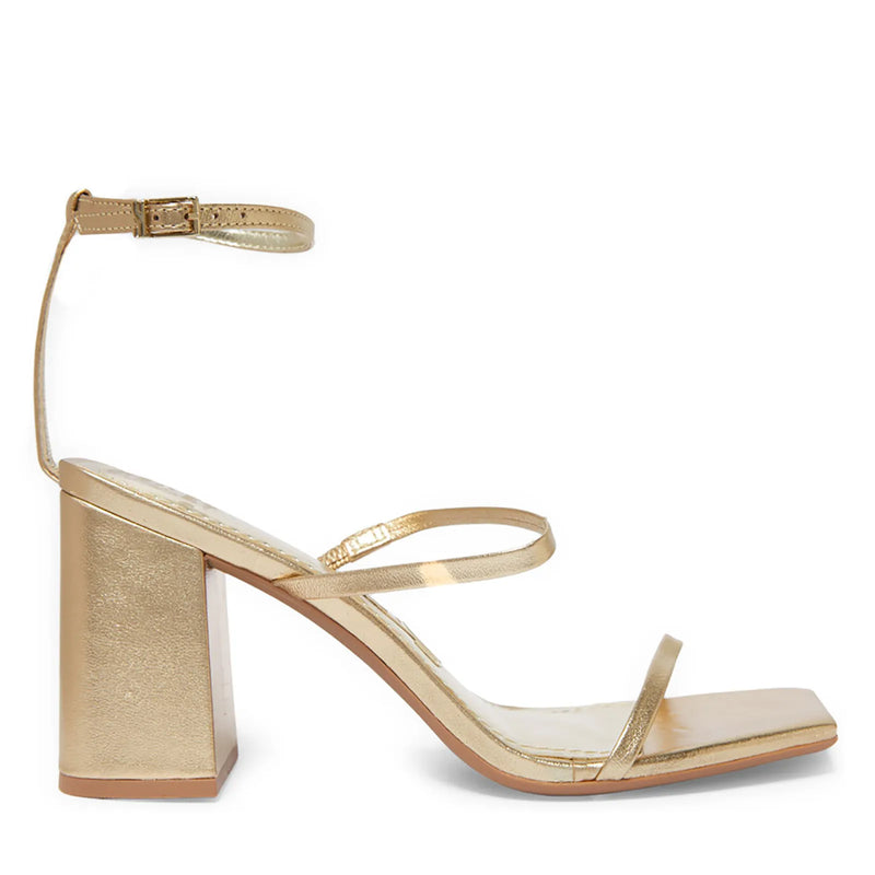 Sandália Golden Shape – Salto Bloco Metalizado com Tira Fina